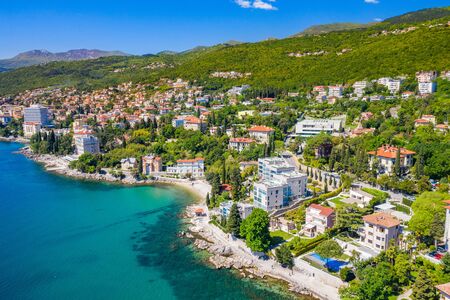 Croatia, Adriatic coast, beautiful town of Opatija and Volosko, popular tourist resort, coastline aerial view, Kvarner bayの写真素材