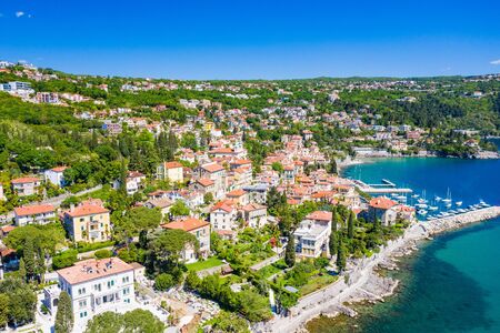 Croatia, Adriatic coast, beautiful town of Opatija and Volosko, popular tourist resort, coastline aerial view, Kvarner bayの写真素材