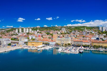 Croatia, city of Rijeka, aerial panoramic view of city center, marina and harbor from droneの写真素材