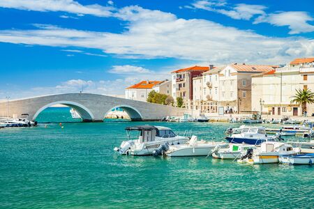 Beautiful town of Pag on Adriatic sea in Dalmatia, Croatia, old stone bridge, waterfront and marina...