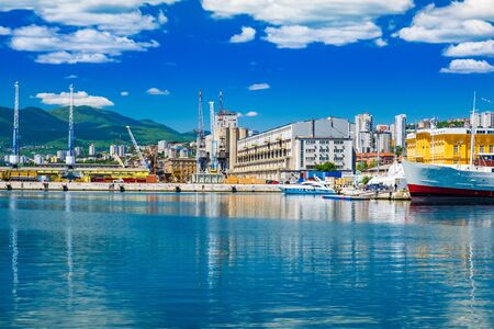 Waterfront view and old cranes in harbor in the city of Rijeka, Croatia.の写真素材