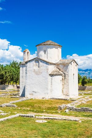Croatia, medieval church of Holy Cross and archaeological site in town of Nin in Dalmatia, popular tourist destinationの写真素材