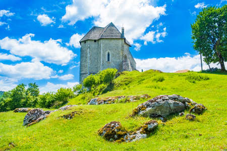 Croatia, region of Lika, beautiful green countryside landscape and Brinje castle ruinsのeditorial素材