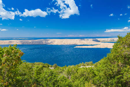 Croatia, Adriatic landscape, panoramic view of the rocky desert of Pag island from mountainsの写真素材