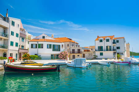 Boats in marina in old town of Pirovac on Adriatic coastline in Croatia, tourist destinationの写真素材