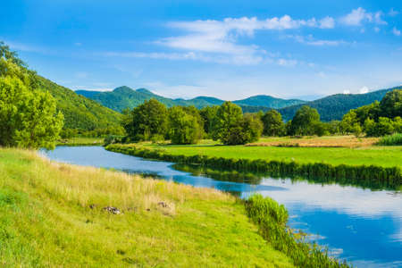 Gacka river flowing between green fields in Lika region of Croatia, beautiful landscapeの写真素材