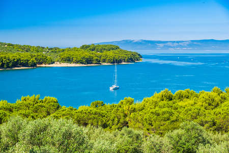 Aerial view of beautiful blue bay on Adriatic seascape paradise, sail boat in lagoon on the island of Cres in Croatiaの写真素材