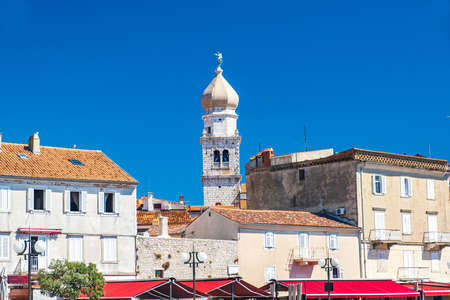 Old town of Krk on the island of Krk on Adriatic sea in Croatia, cathedral tower and cityscapeの写真素材