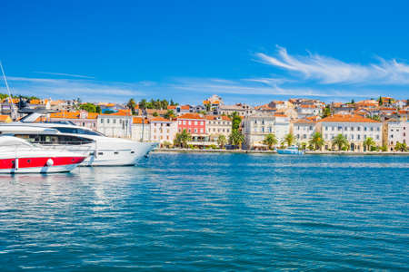 Seafront and yachts in town of Mali Losinj on the island of Losinj, Adriatic coast in Croatiaの写真素材