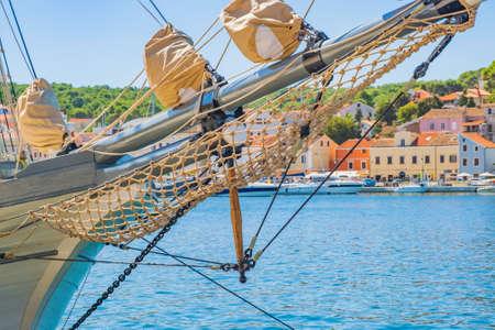 Bow detail of old ships in the harbor in town of Mali Losinj on the island of Losinj, Adriatic coast, Croatiaの写真素材