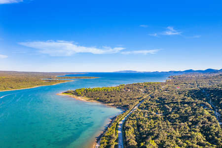 Drone aerial view of the island of Losinj, beautiful Adriatic coastline, Kvarner bay, Croatia, Europe.の写真素材