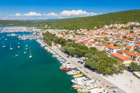 Marina and seafront in town of Punat on Krk island, Kvarner bay, Croatia, aerial view from droneのeditorial素材