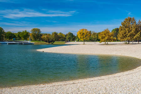 Autumn in Zagreb, Croatia. Sand shore of lake Bundek.の写真素材