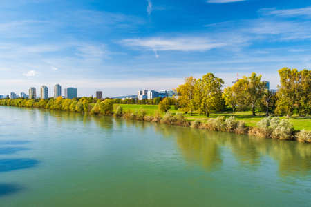 Croatia, city of Zagreb, Sava river and modern towers skyline in autumnの写真素材
