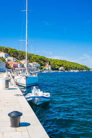 Shore and boats on Adriatic coastline in Town of Mali Losinj on the island of Losinj, Croatiaのeditorial素材