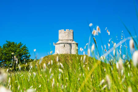 Medieval church of St. Nicholas (Sveti Nikola) from 12th century near Nin, Dalmatia, Croatia, view from high grassのeditorial素材