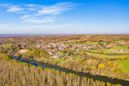 Beautiful countryside landscape in Croatia in autumn, forest and Kupa river, aerial from droneの写真素材