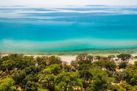 Beautiful island of Pag in Croatia, long beaches under pine trees and Adriatic Sea in background, drone aerial viewの写真素材