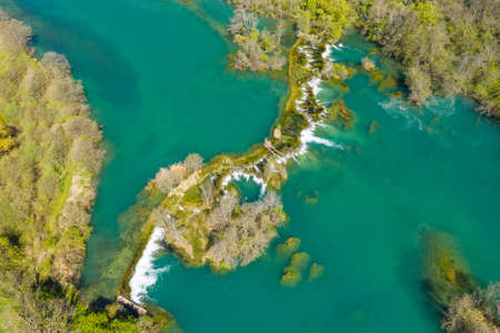 Panoramic overhead view of watterfals on Mreznica river, top down view, Karlovac county, Croatiaの写真素材