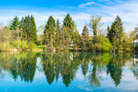 Banks of Mreznica river in Croatia, trees reflection on water, tourist destinationの写真素材