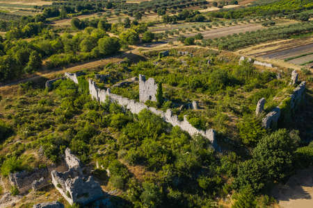 Aerial view of ruins of historic fortress Vrana in Dalmatia, Croatiaの写真素材