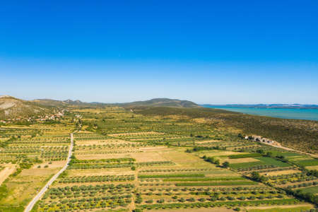 Aerial view of countryside landscape, Vransko lake and agriculture fields, Dalmatia, Croatiaの写真素材