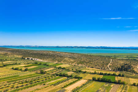 Aerial view of Vransko lake and agriculture fields, Dalmatia, Croatiaの写真素材