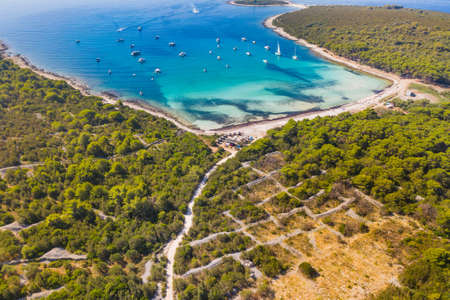 Aerial view of turquoise lagoon on Sakarun beach on Dugi Otok island, Croatiaの写真素材