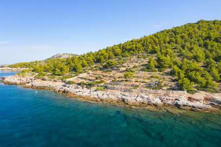 Shore of Murter island archipelago, aerial view, Dalmatia, Croatiaの写真素材