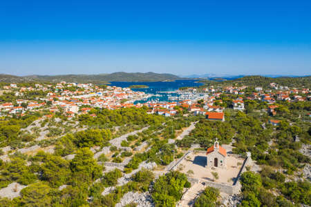 Church in town of Jezera, Murter island archipelago, Dalmatia, Croatiaの写真素材