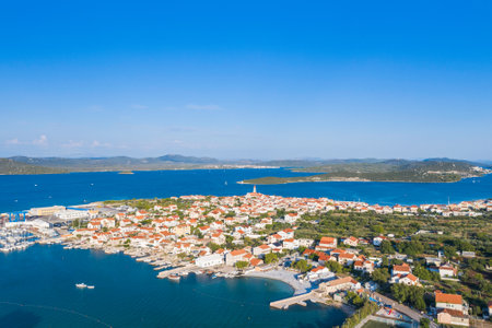Town of Betina on Adriatic sea, Island of Murter, Croatia, drone aerial viewの写真素材