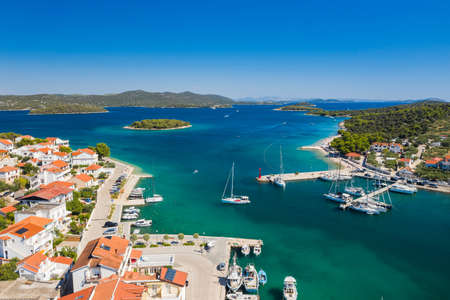Town of Jezera on the island of Murter, Dalmatia, Croatia, aerial panoramic viewのeditorial素材