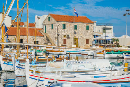 Traditional boats in marina in the old town of Betina on Murter island in Dalmatia, Croatia....