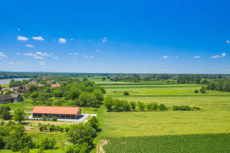 Traditional village of Drenov Bok nature park Lonjsko polje, Croatia, aerial viewの写真素材