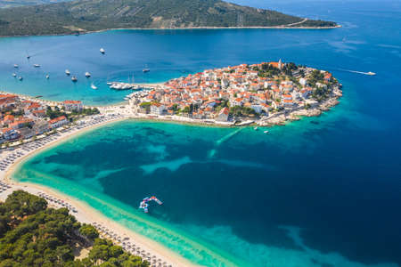 Town of Primosten on Adriatic sea in Dalmatia, Croatia, view from airの写真素材