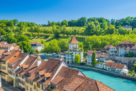 Panoramic view of a European town in a beautiful summer day
