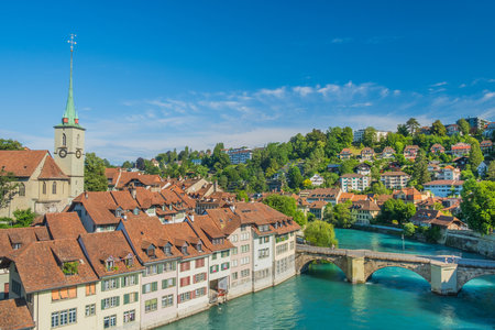 Panoramic view of a Swiss town in a beautiful summer dayの写真素材