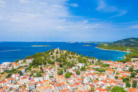 Panoramic aerial view of Sveti Stefan in Budva, Montenegroの写真素材