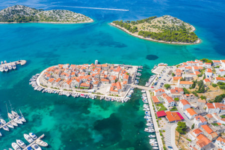 Aerial view of Korcula town on island Korcula, Croatiaの写真素材