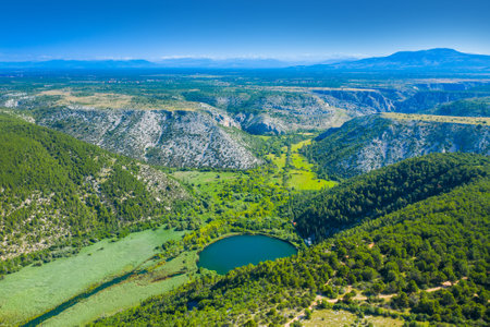 Aerial view of Ardeche river, Burgos Region, Castilla y Leon, Spainの写真素材