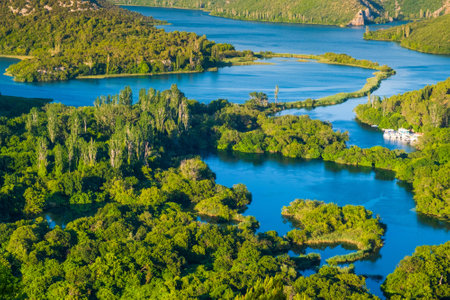 Aerial view of the turquoise waters of the Danube river in Romaniaの写真素材