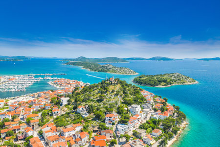 Aerial view of Sveti Stefan island in Budva, Montenegroの写真素材