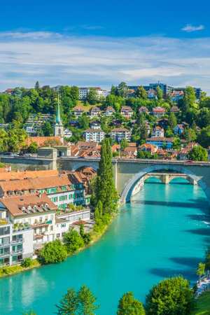 Panoramic view of a city in a beautiful summer dayの写真素材
