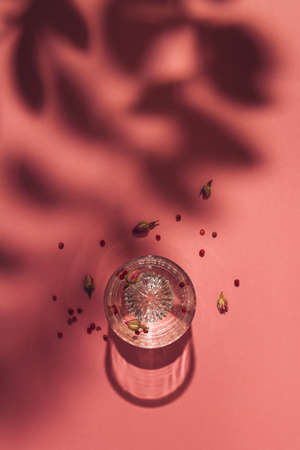 Gin and tonic crystal glass garnished with rose buds and red peppercorns on a pastel pink...