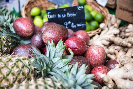 Fruits and vegetables in a stand of Bastille street market in Paris, France