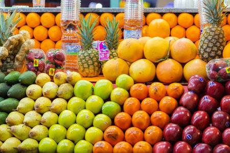 Fresh fruits to be used for juice on a market stand in Jemaa El Fnaa square in Marrakesh, Moroccoの写真素材
