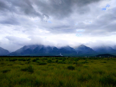 mountains hidden in the clouds in the valleyの写真素材