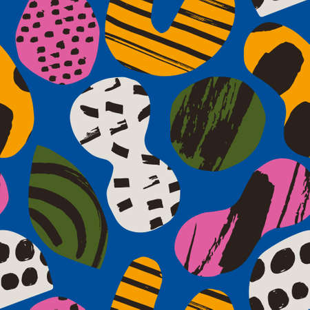 Seamless texture with paper cut out figures and ink texture. Vector pattern with big modern shapes...