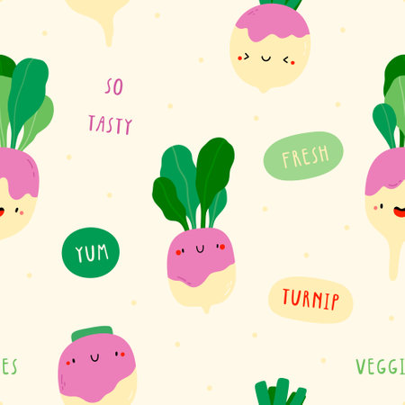 Cute vector pattern with Turnips and words. hand drawn vegetable texture. seamless food backgroundのイラスト素材