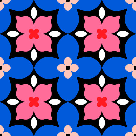 Seamless pattern with decorative flowers in blue and pink colors. Abstract floral tileのイラスト素材